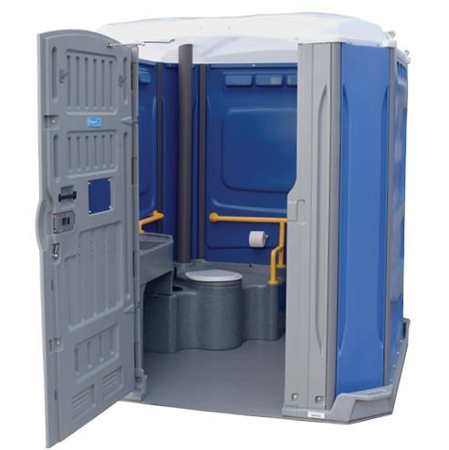 Accessible toilet interior with handrails